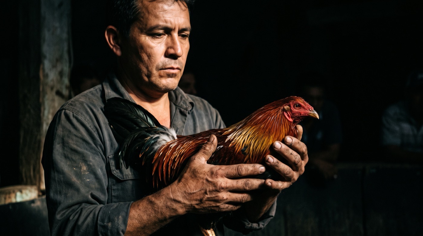Blue corner handler with fighting rooster, tight crop