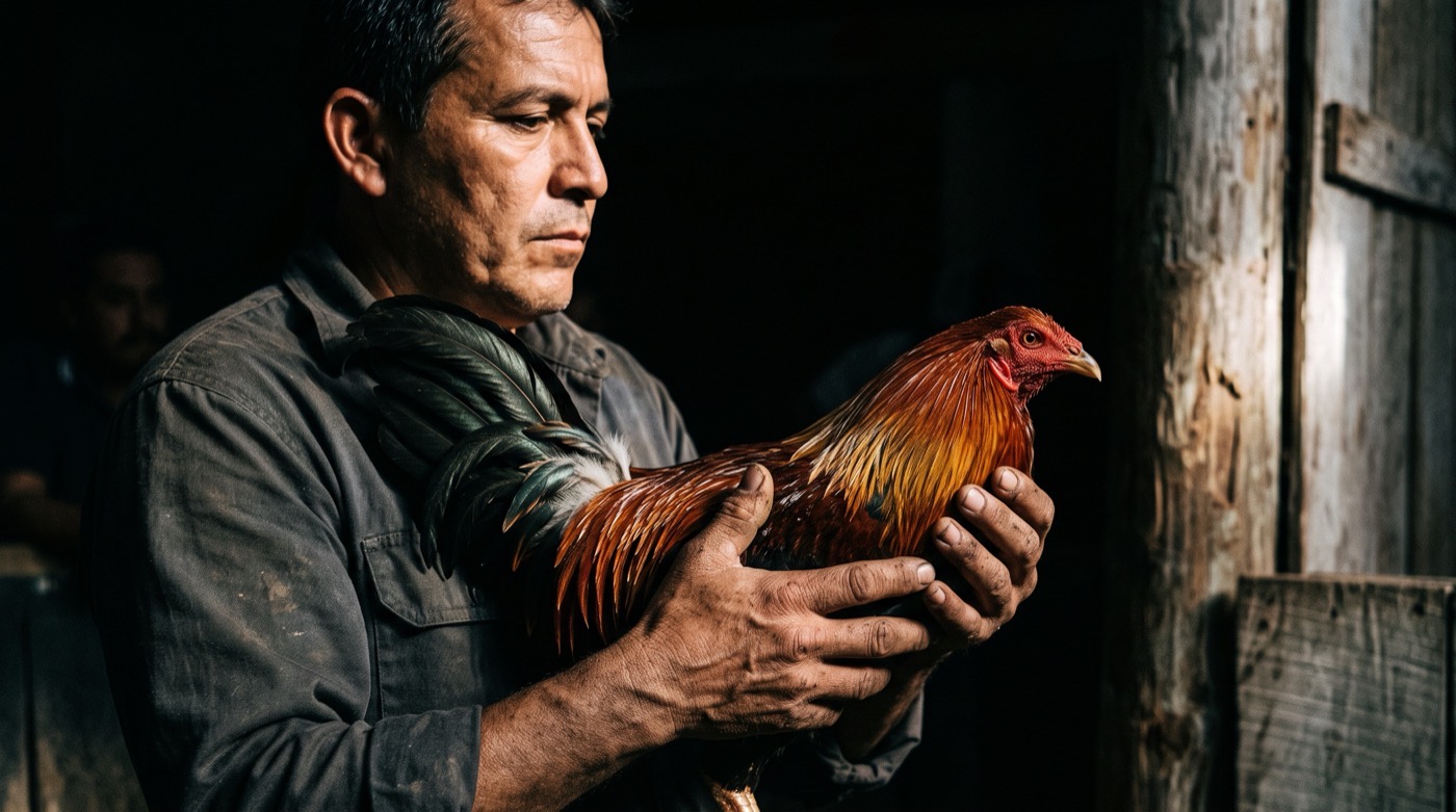 Red corner handler with fighting rooster, tight crop
