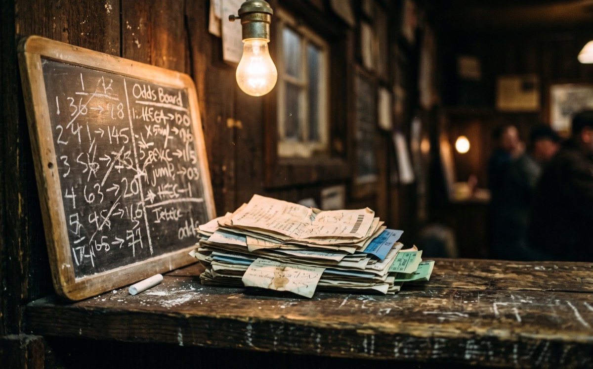 Chalkboard odds board and ticket stubs